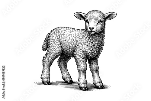 Charming hand-drawn lamb with detailed fur in black and white