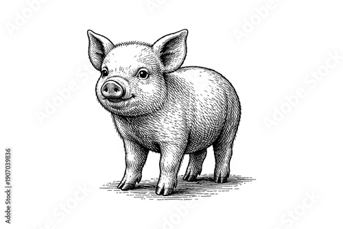Adorable piglet ink drawing with detailed textured shading on white background