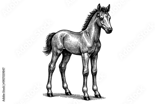 Detailed monochrome sketch of a standing horse foal in classic style
