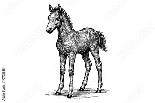 Detailed drawing of a young horse with textured fur and gentle expression