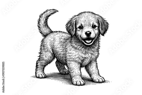 Adorable puppy sketch: detailed black and white line art of happy dog