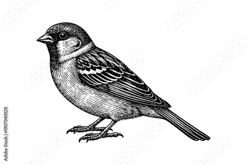 Detailed hand-drawn sparrow engraving: vintage bird art on white background