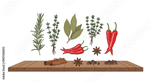 Culinary Herbs and Spices on Wooden Table Cooking Ingredients.