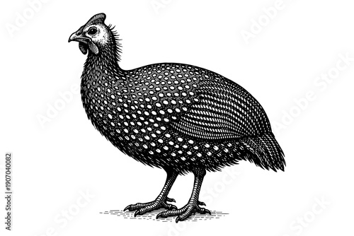 Detailed black and white guinea fowl drawing in engraving style