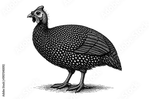 Detailed vintage etching of a guinea fowl facing left in profile