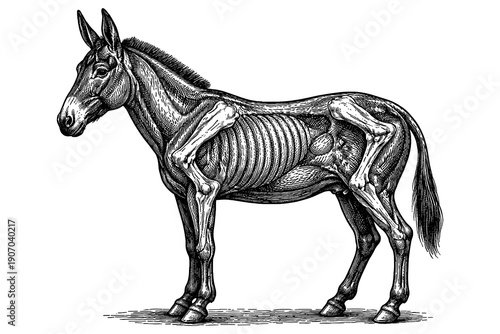 Detailed black and white mule anatomy with skeleton overlay in engraving style