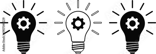 Set of light bulb icons with gear symbol inside representing creative ideas innovation engineering and mechanical problem solving for business brainstorming concepts.