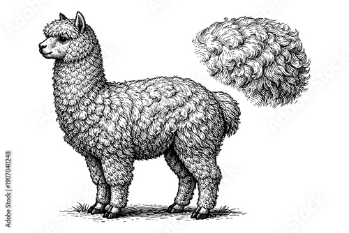Detailed alpaca drawing with close-up of wool texture