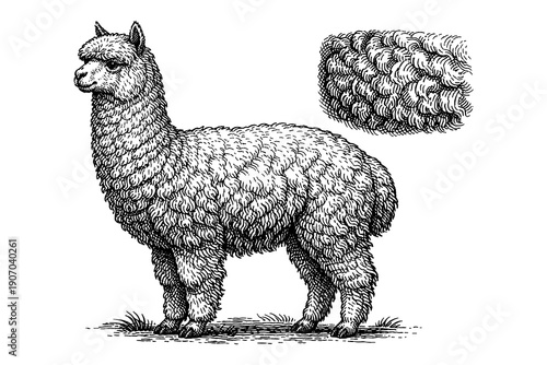 Intricate engraved alpaca with textured wool detail in vintage style