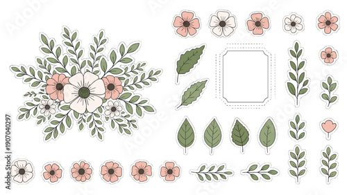 Collection of floral stickers or patches in pastel colors featuring flowers, leaves, and frames for creative crafting.