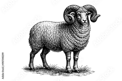 Detailed black and white ram with majestic curled horns