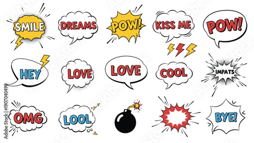 Large collection of colorful comic book speech bubbles with various action words and sound effects for dynamic designs.