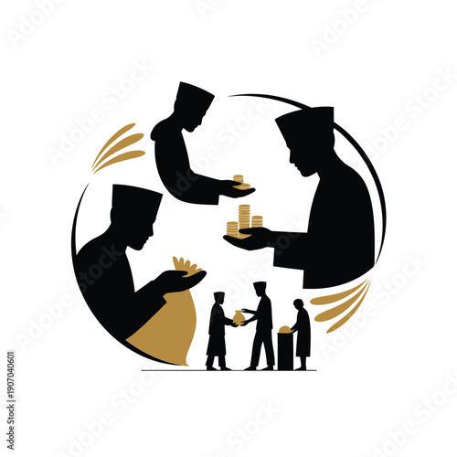Zakat giving illustration depicting wealth redistribution and charitable acts