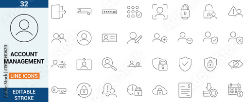 Outline account management icons covering login, profiles, security, privacy, permissions, billing, subscriptions, audit logs, and settings for web and app UI.