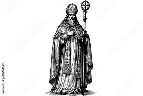 Historical bishop in traditional attire with crozier in hand