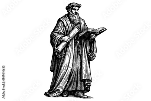 Engraving of a scholar reading with a scroll in hand on white background