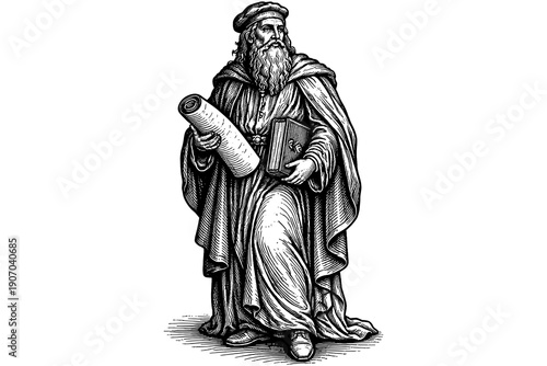 Renaissance scholar with scroll and book in detailed vintage engraving