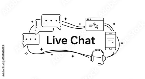 Vector live chat icons with speech bubbles, headset, and devices for customer support or help desk, isolated on transparent background, png