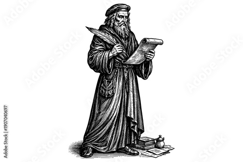 Intricate historical scholar with quill and scroll in detailed engraving style