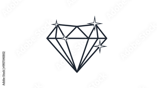 Elegant line drawing of a sparkling diamond gemstone represents luxury, quality, and preciousness with minimalist aesthetic for modern design projects.