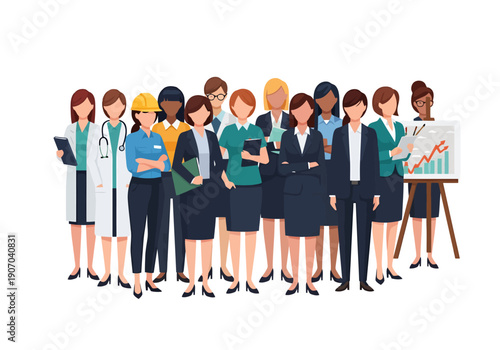 Diverse group of professional women standing together representing various careers and demonstrating teamwork and collaboration