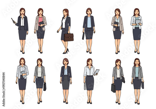 Professional Businesswomen Assortment Diverse Attire and Accessories Collection Workwear Styles Presentation Information Gathering Career Development