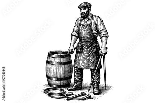 Vintage craftsman and barrel scene: retro black and white art style