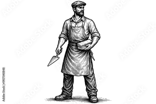 Vintage engraved mason with tools and brick