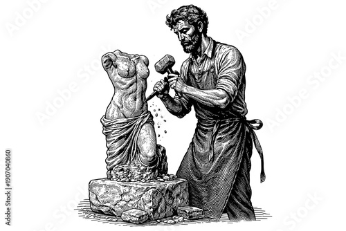 Artisan sculptor crafting marble statue in detailed monochrome illustration