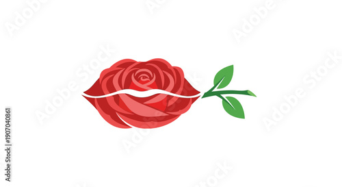 Red Rose with Green Stem and Lips Logo, Symbol of Love, Beauty, and Romance on Isolated White Background.