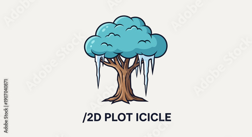 Cartoon Tree with Blue Icy Leaves and Icicles Hanging, Winter Season Nature Illustration in Bright Studio.