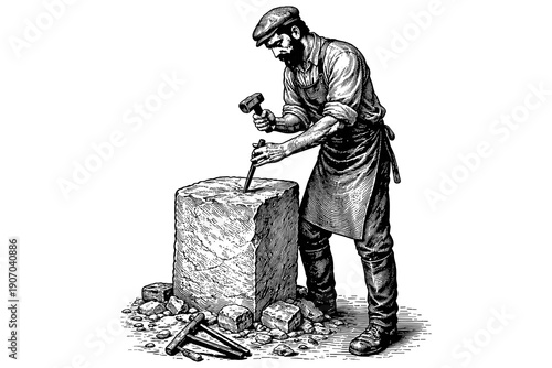 Vintage engraving of a stone mason sculpting a block
