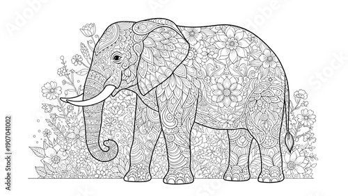 Intricate coloring page features a large elephant filled with complex floral and mandala patterns, offering a meditative activity for adults and children.