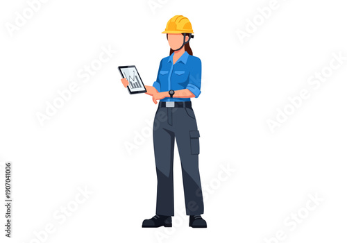 Female Construction Worker Holding Tablet Device Reviewing Plans on White Background Professional Career Occupation