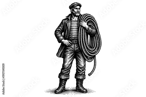 Maritime worker in engraved art style with rope in hand on white background