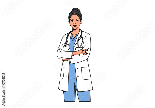 Female Medical Professional In Lab Coat And Scrubs With Stethoscope Standing Confidently With Arms Crossed On White Background
