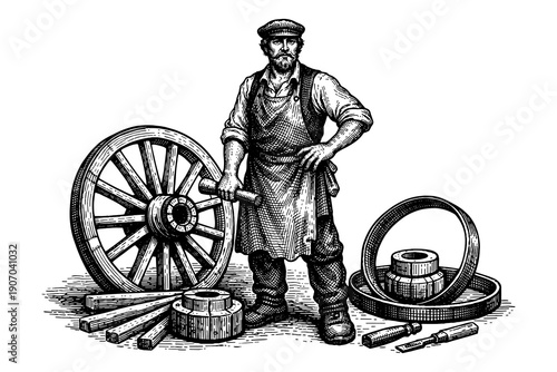 Vintage craftsman: traditional wheelwright with tools and wooden wheel components