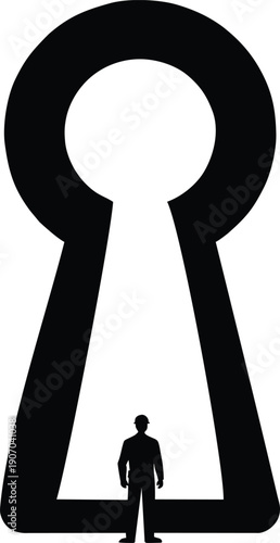 Surreal Flat Vector Silhouette of Worker Standing in Giant Keyhole, Symbol of Corporate Surveillance and Lack of Privacy, Illustration of Workplace Monitoring and Ethics