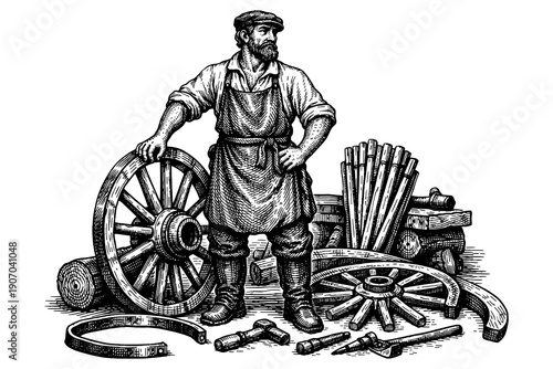 Vintage craftsman with wagon wheels and tools in black and white engraving style