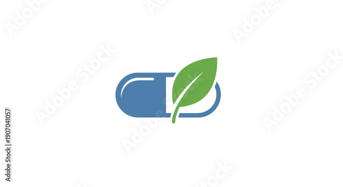 Herbal Medicine Capsule Pill with Green Leaf, Natural Health and Organic Supplement Concept on Isolated White Background