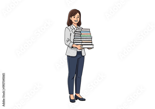 Young woman holding a large stack of books in her arms dressed in professional attire ready for learning or work pursuits