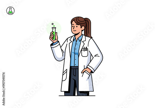Female scientist examining a glowing green liquid in a test tube during a laboratory experiment
