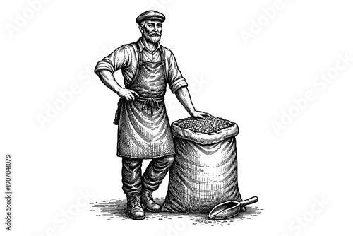Vintage engraving of a farmer with grain sack in traditional attire