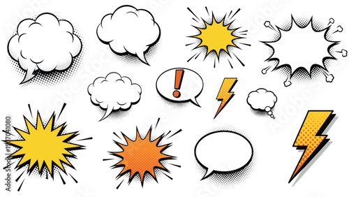 Dynamic set of comic book elements includes speech bubbles, explosion bursts, and lightning bolts in a vibrant pop art style for creative storytelling.