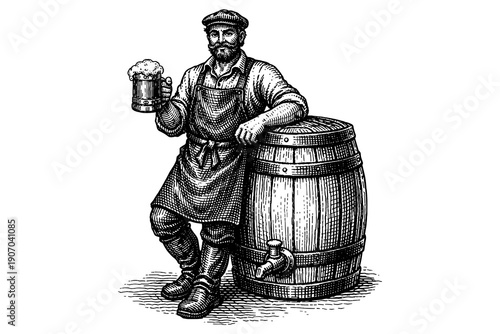 Vintage brewer holding beer mug next to barrel in classic engraving style