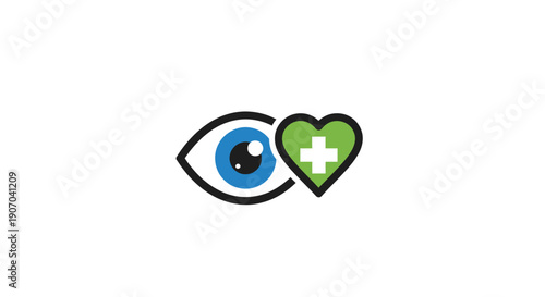 Healthy Eye Vision Care Logo, Blue Eye with Green Cross Heart Symbol, isolated white background.