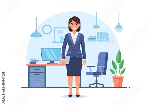 Professional Woman Standing Confident In Modern Office Environment With Desk Computer Chair And Plant Ready For Business Meeting Or Workday