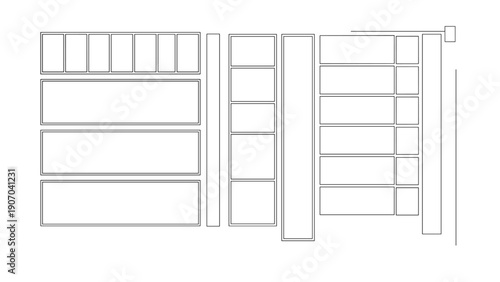 Layout of empty rectangular and square wireframe boxes in various sizes provides a clean template for digital interface design or content planning.