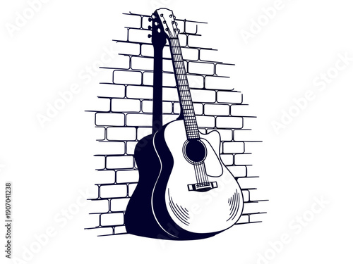 Acoustic Guitar Leaning Against a Brick Wall Vector Sketch. Monochrome Line Art Drawing of Musical Instrument and Urban Background.