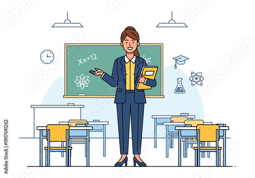 Female educator welcomes students to a modern classroom setting with educational symbols on the chalkboard creating an engaging learning environment